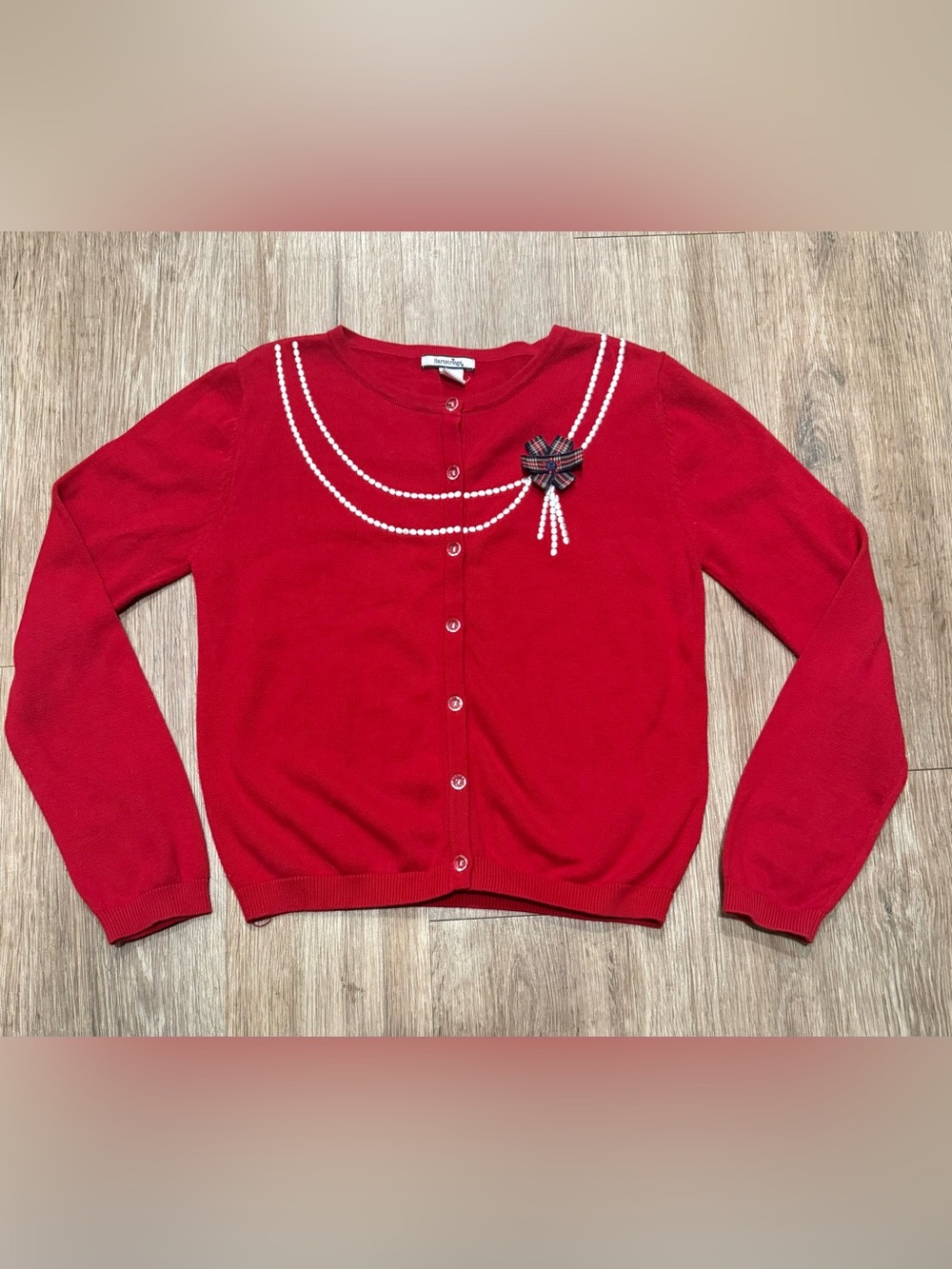 Hartstrings Red Button-Front Cardigan with Pearl Print and Plaid Bow